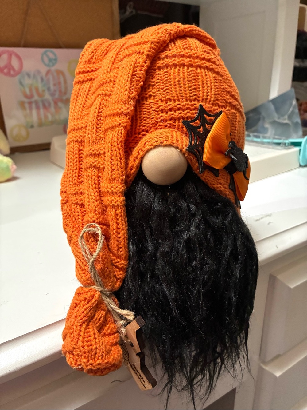 Handmade Orange Halloween Gnome Hat with Black Beard